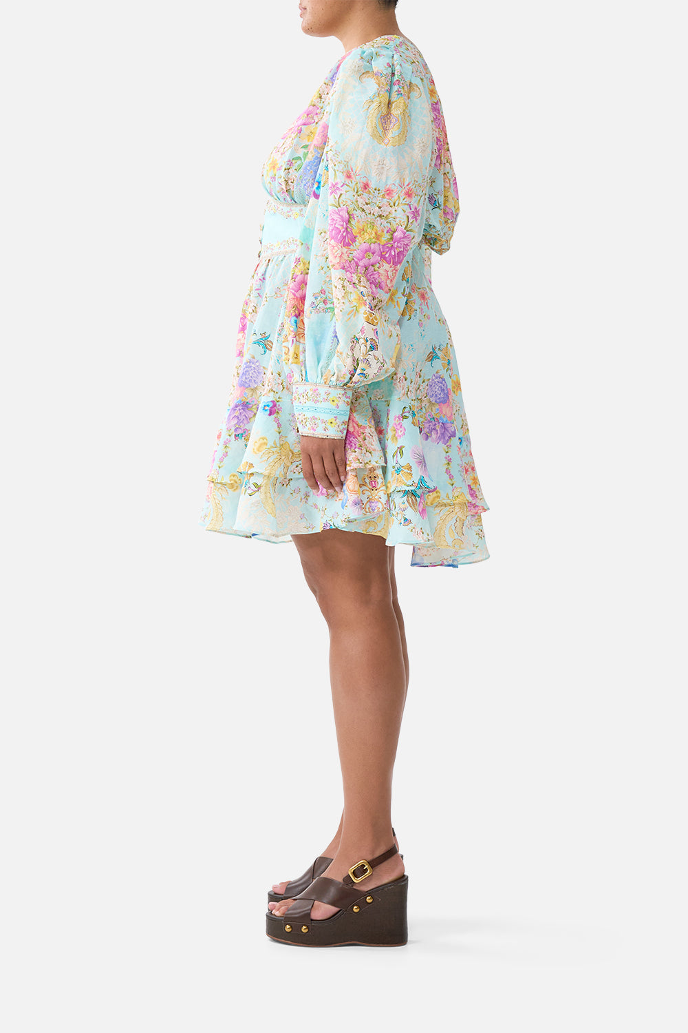 The CAMILLA BUTTON FRONT FRILL DRESS BAZAAR BLOOMS in our  print.