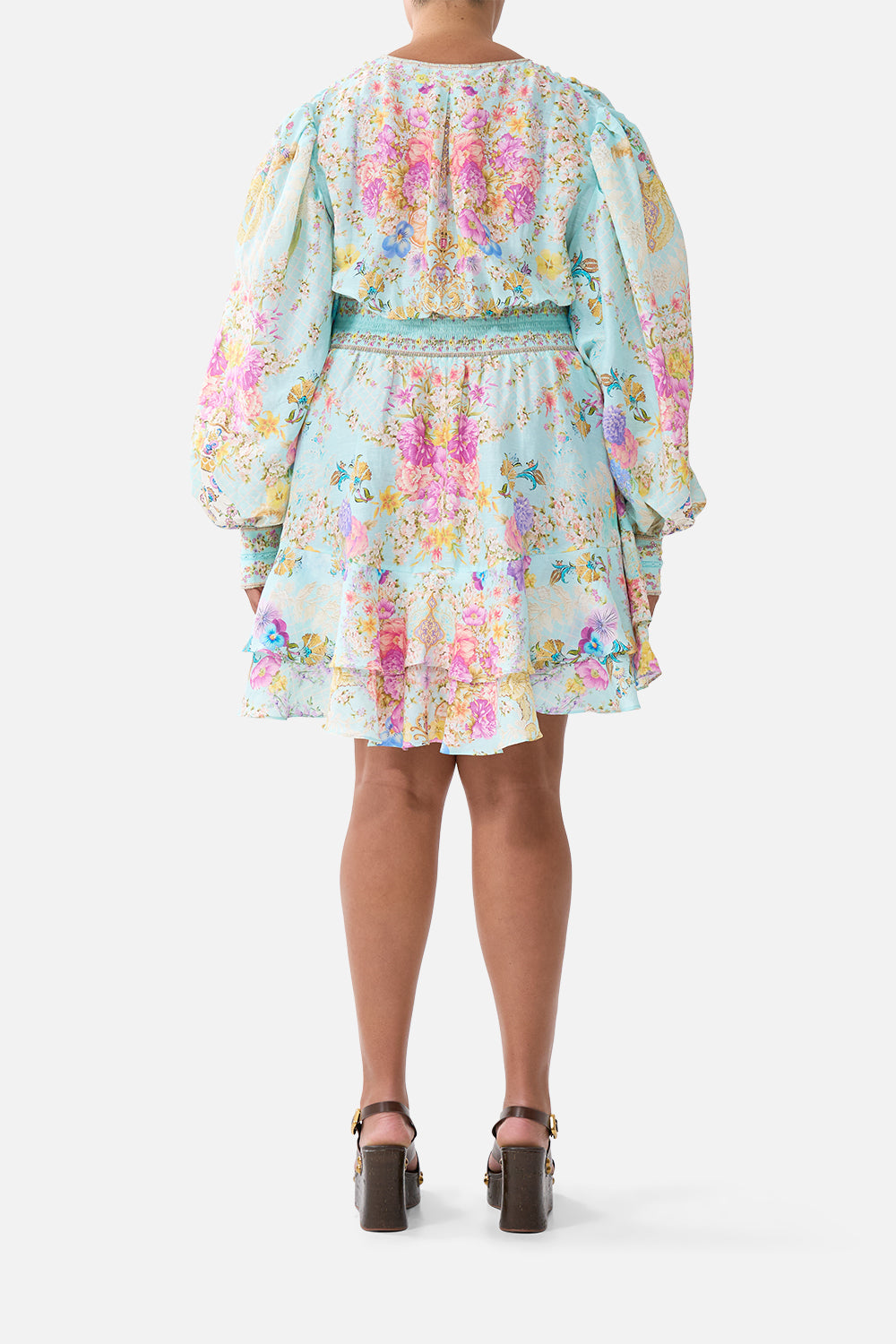 The CAMILLA BUTTON FRONT FRILL DRESS BAZAAR BLOOMS in our  print.