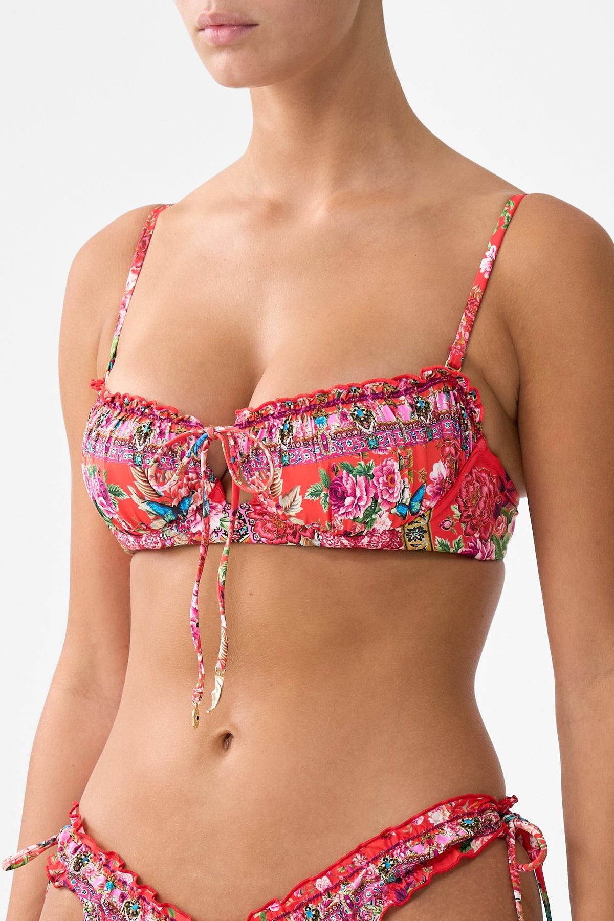 The CAMILLA ruched cup underwire bikini top with front tie from our print heirloom empire