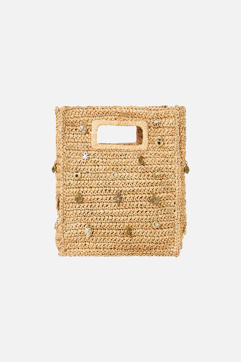 RAFFIA MINI NORTH SOUTH TOTE WITH CHARMS NATURAL