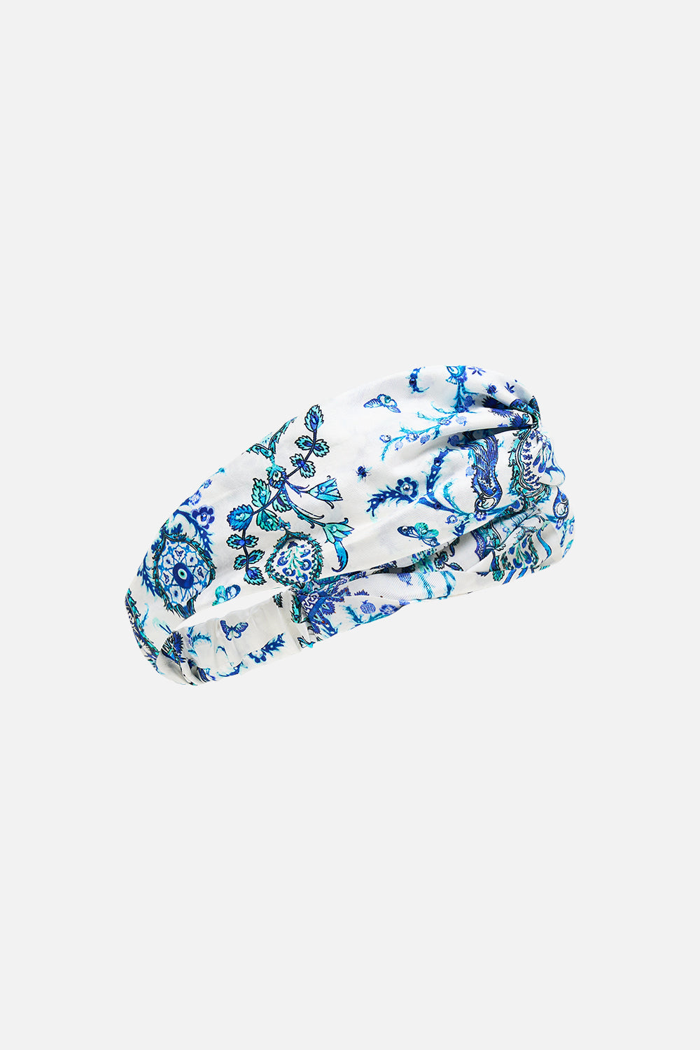 The CAMILLA WOVEN TWIST HEADBAND ISNIK LULLABY in our  print.