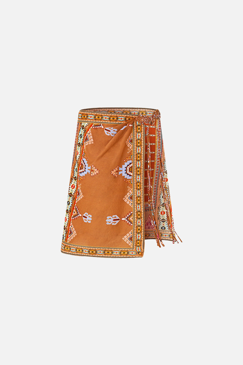 The CAMILLA WOVEN SHORT SARONG WITH MACRAME TIE WAIST FABRIC OF TIME in our  print.