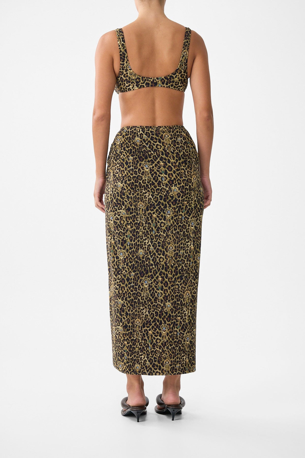 The CAMILLA crinkle stretch long sarong with trim and leg split from our print feline folklore