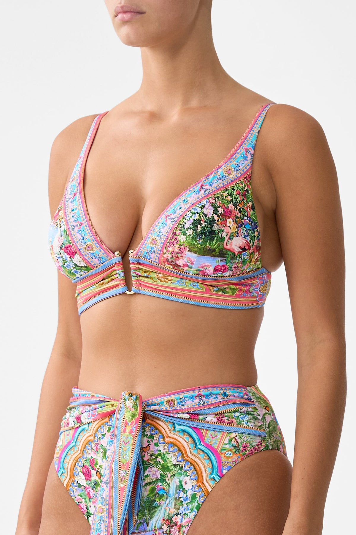 The CAMILLA high tri bikini top with u ring front trim from our print Turkish delight