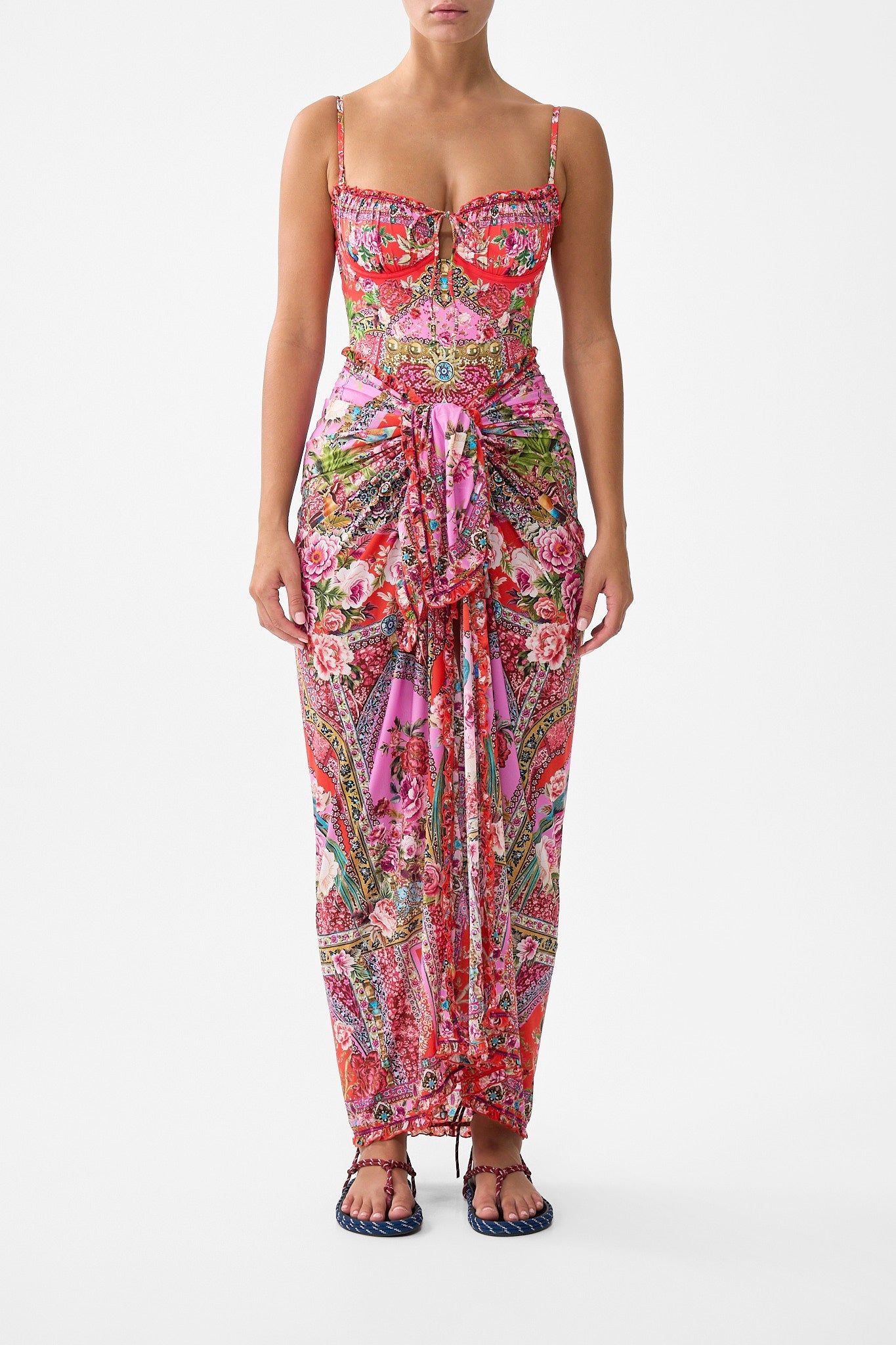 The CAMILLA MULTI WEAR LONG SARONG WITH FRILL EDGE HEIRLOOM EMPIRE in our HEIRLOOM EMPIRE print.