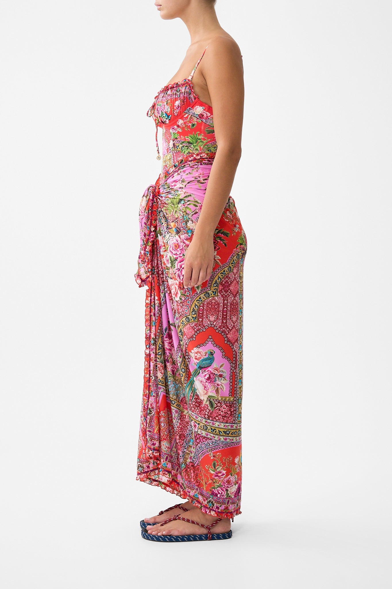 The CAMILLA MULTI WEAR LONG SARONG WITH FRILL EDGE HEIRLOOM EMPIRE in our  print.