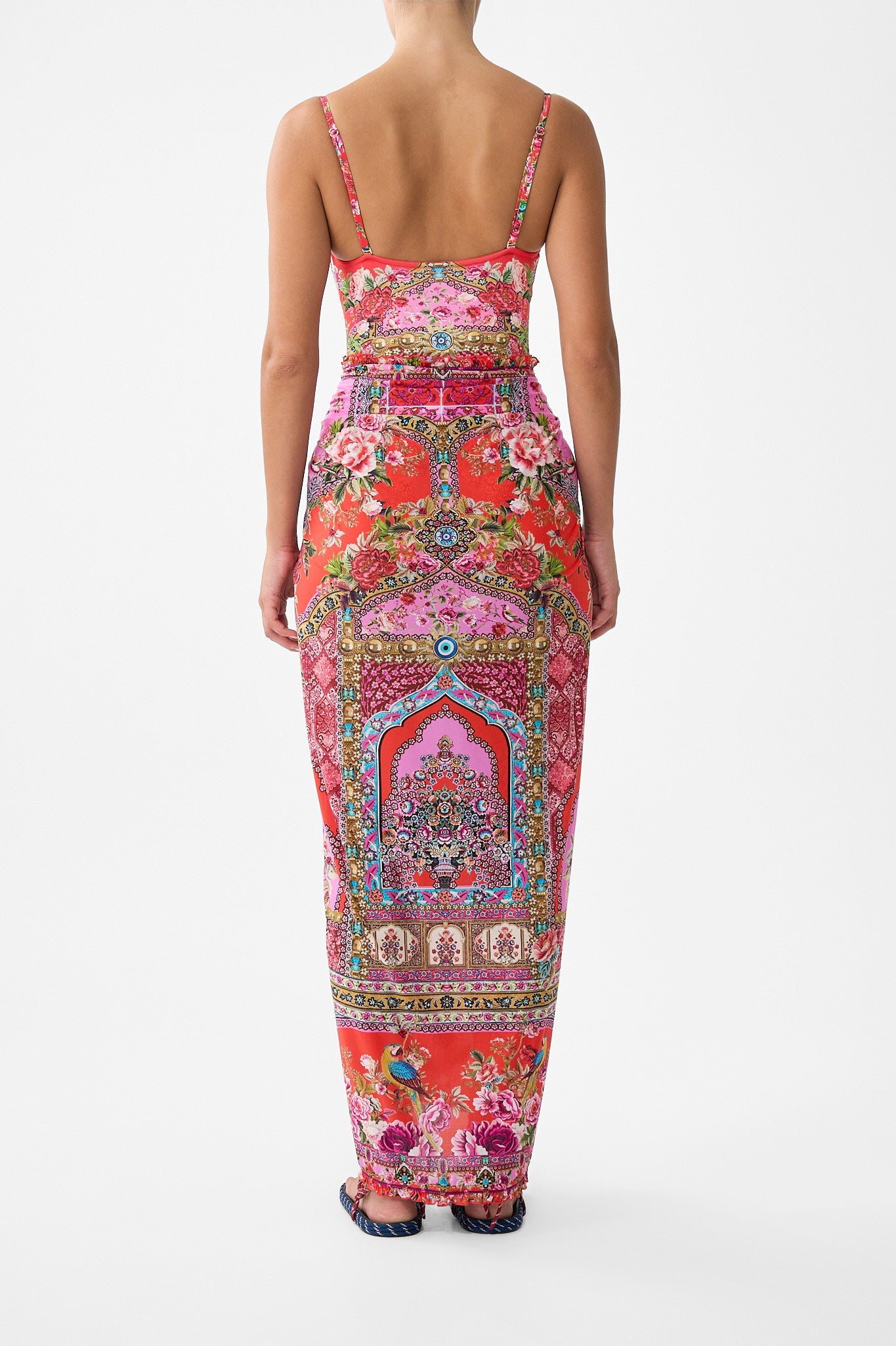 The CAMILLA MULTI WEAR LONG SARONG WITH FRILL EDGE HEIRLOOM EMPIRE in our  print.