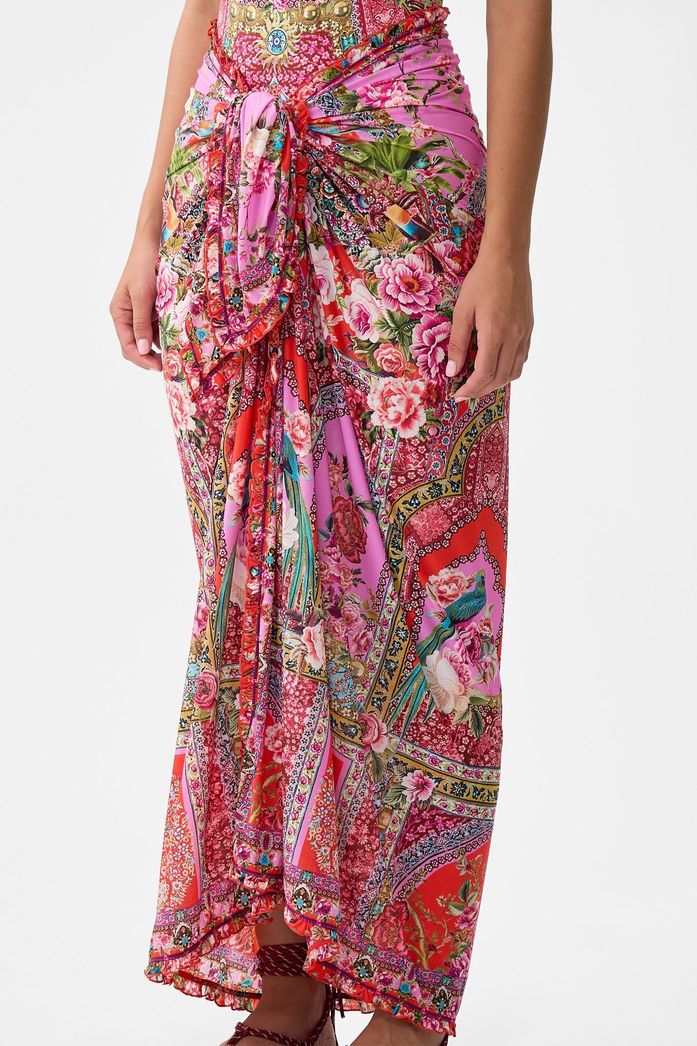 The CAMILLA MULTI WEAR LONG SARONG WITH FRILL EDGE HEIRLOOM EMPIRE in our  print.