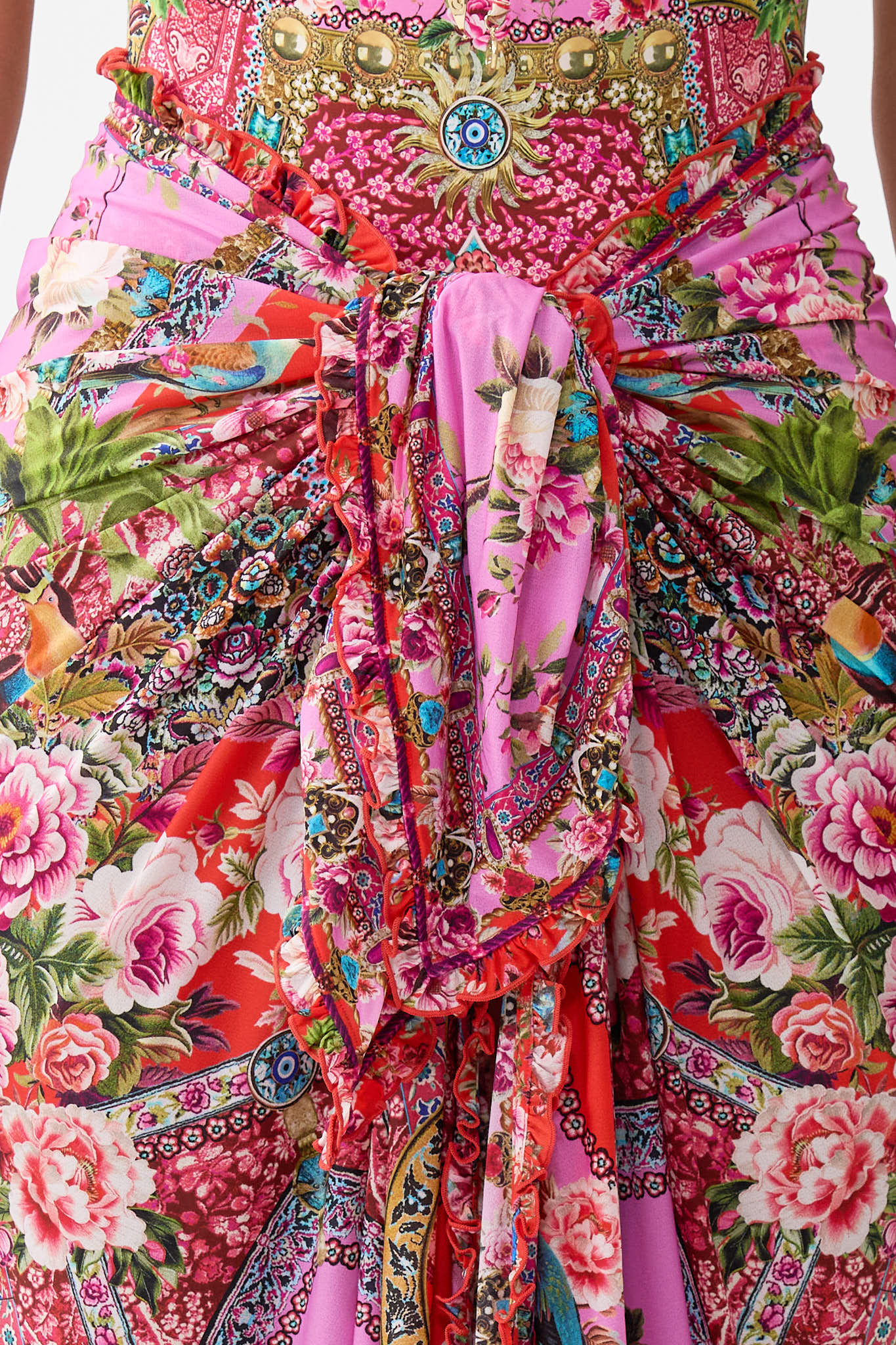 The CAMILLA MULTI WEAR LONG SARONG WITH FRILL EDGE HEIRLOOM EMPIRE in our  print.