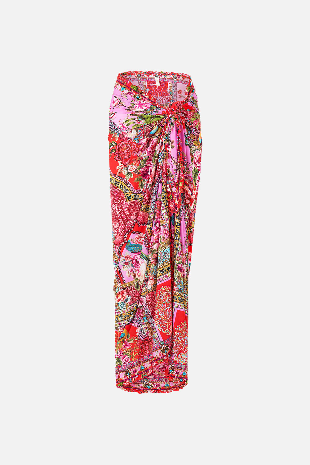 The CAMILLA multi wear long sarong with frill edge from our print heirloom empire, front product view