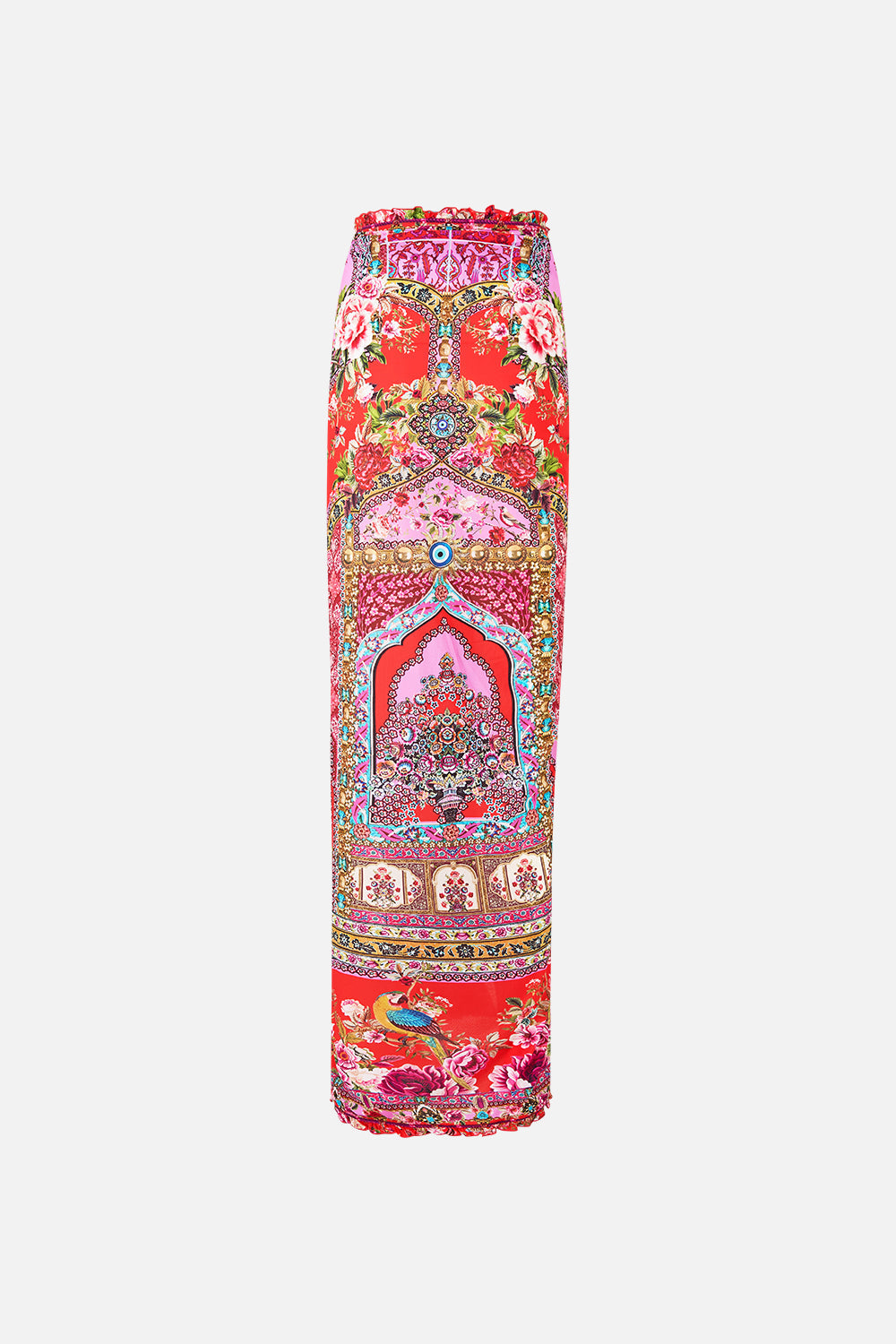 The CAMILLA MULTI WEAR LONG SARONG WITH FRILL EDGE HEIRLOOM EMPIRE in our  print.