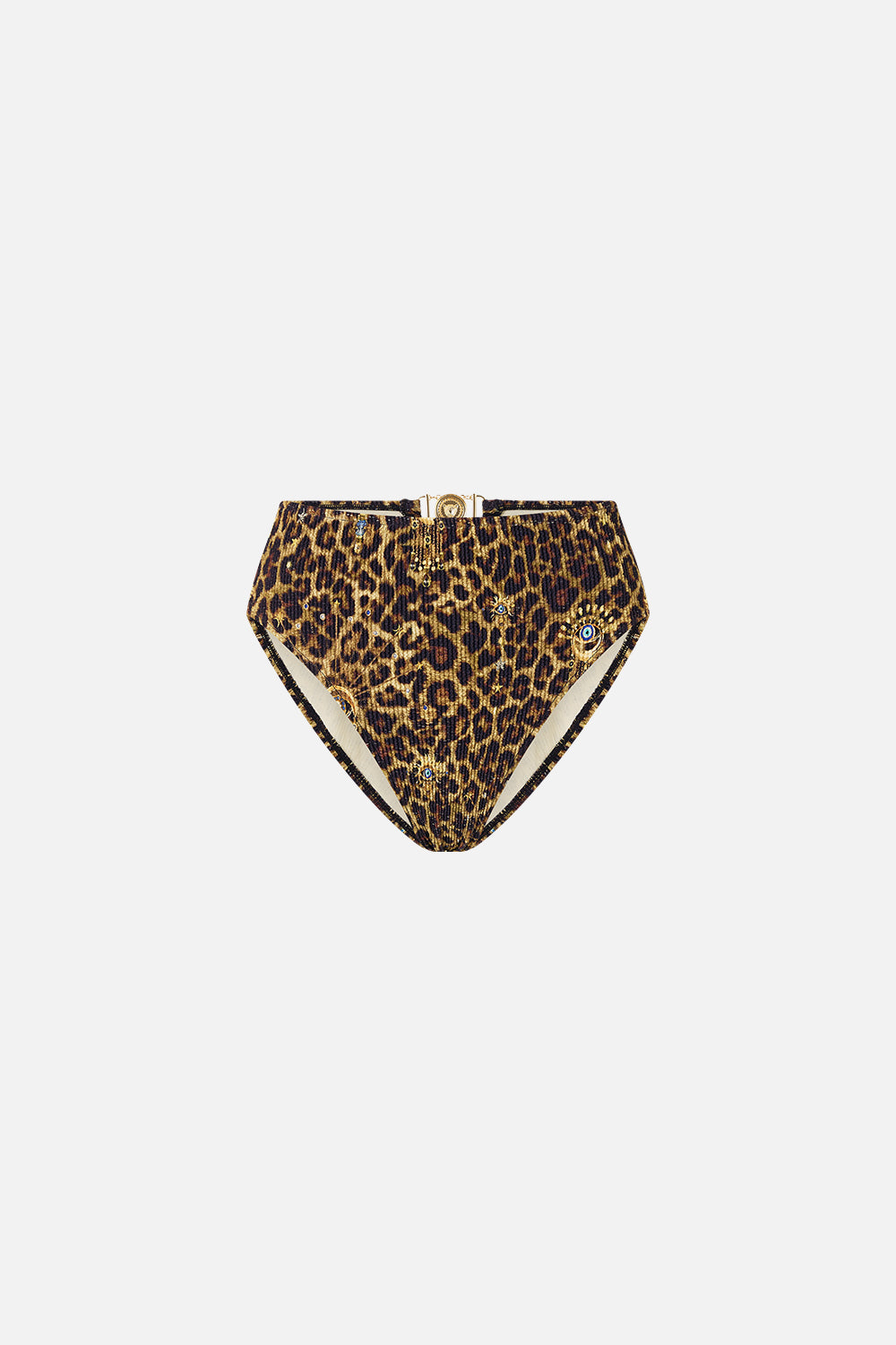 CRINKLE STRETCH HIGH WAIST BIKINI BOTTOM WITH BACK TRIM FELINE FOLKLORE