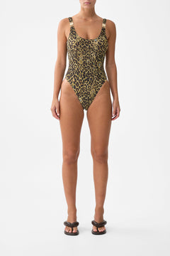 CRINKLE STRETCH SCOOP NECK ONE PIECE WITH STRAP TRIMS FELINE FOLKLORE
