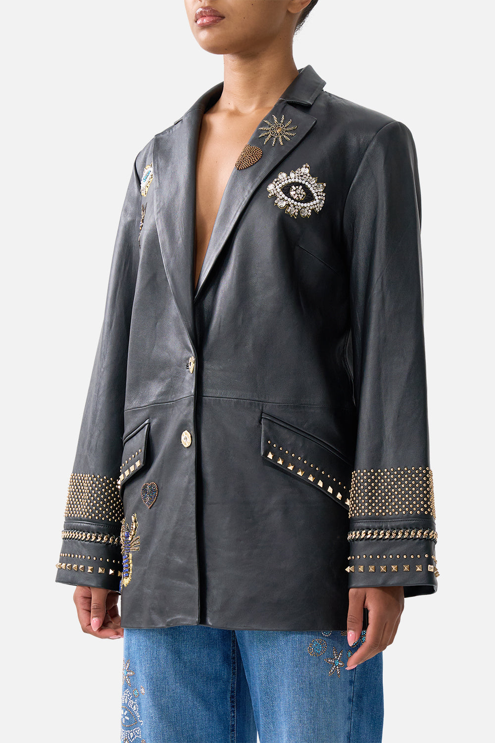LEATHER JACKET WITH YOKE AMULETS AND ALCHEMY