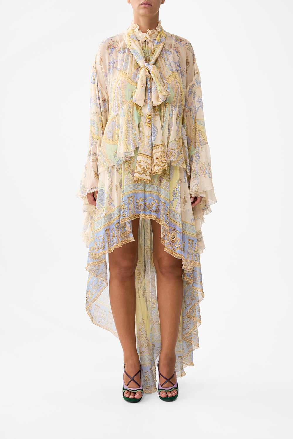 The CAMILLA RUFFLE HIGH LOW DRESS WITH LONG SLEEVE EAST OF ISTANBUL in our EAST OF ISTANBUL print.