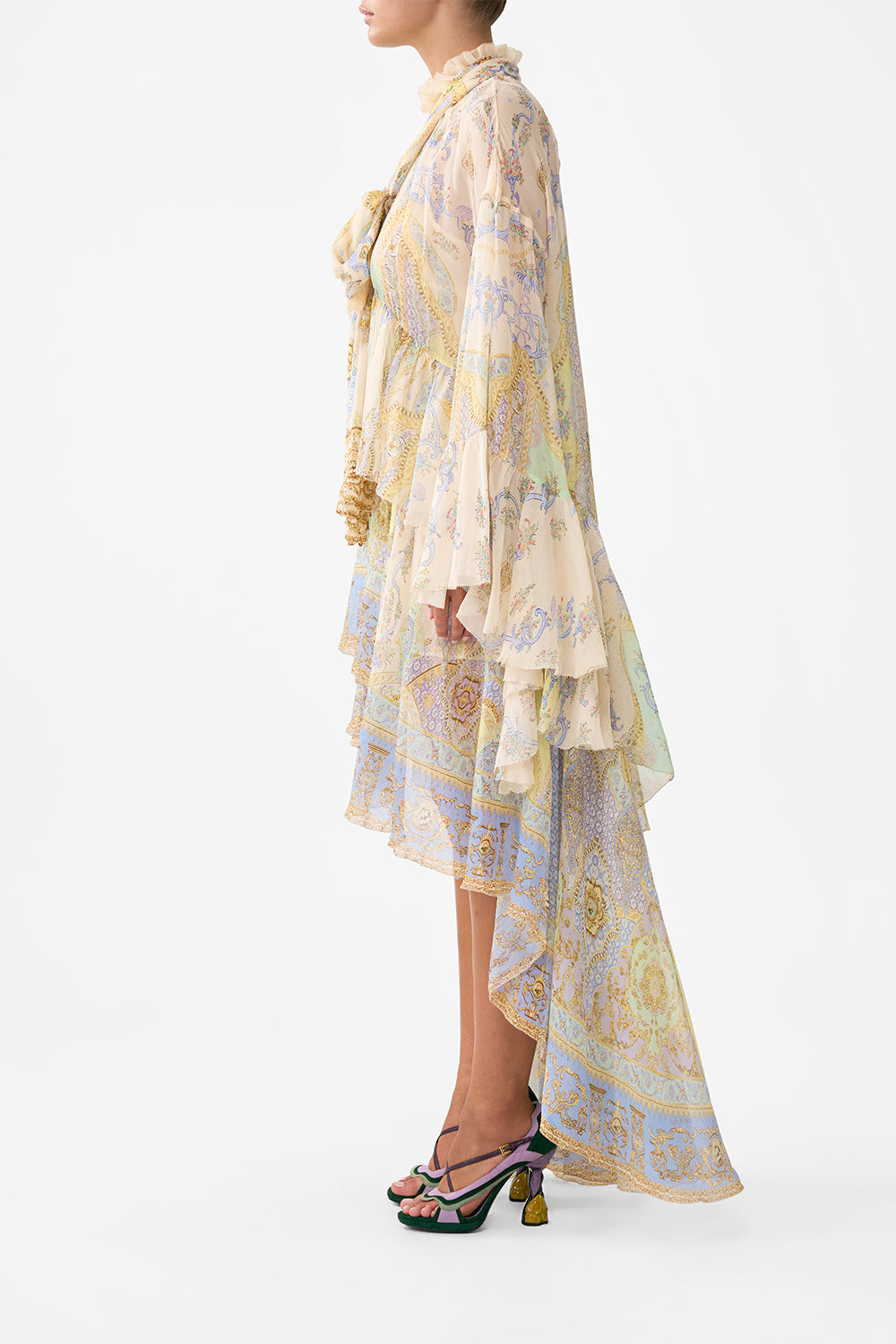 The CAMILLA RUFFLE HIGH LOW DRESS WITH LONG SLEEVE EAST OF ISTANBUL in our  print.