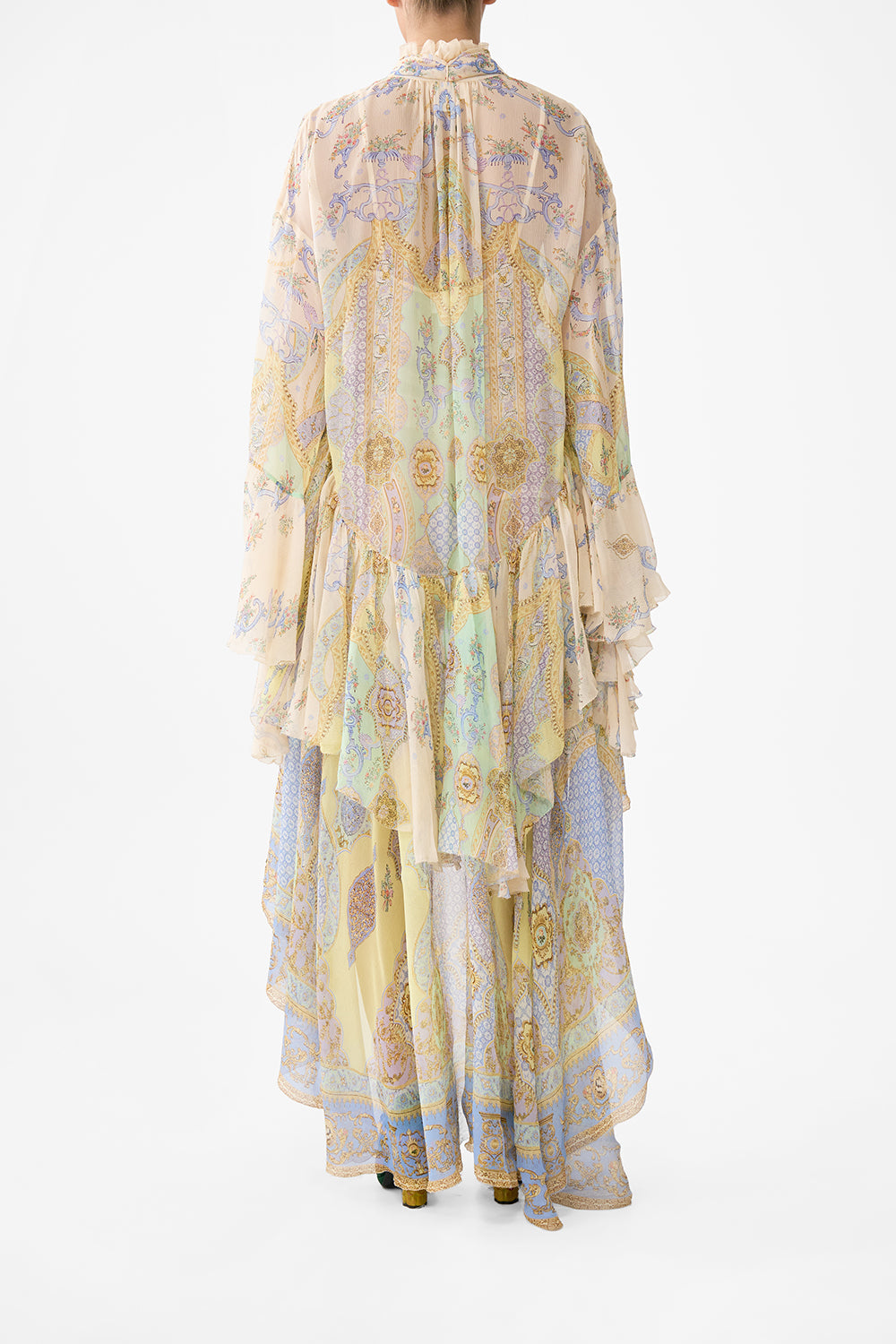 The CAMILLA RUFFLE HIGH LOW DRESS WITH LONG SLEEVE EAST OF ISTANBUL in our  print.