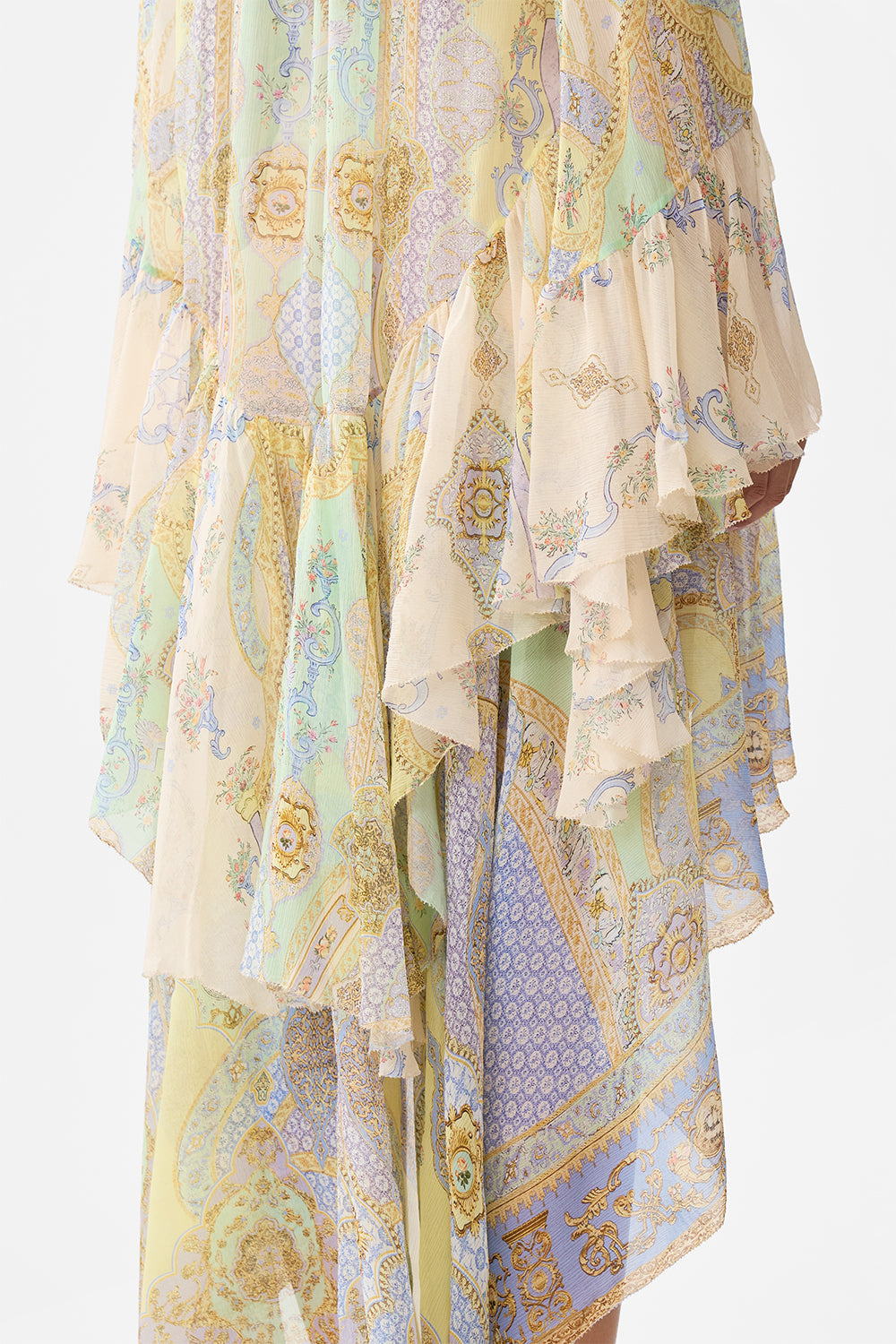 The CAMILLA RUFFLE HIGH LOW DRESS WITH LONG SLEEVE EAST OF ISTANBUL in our  print.