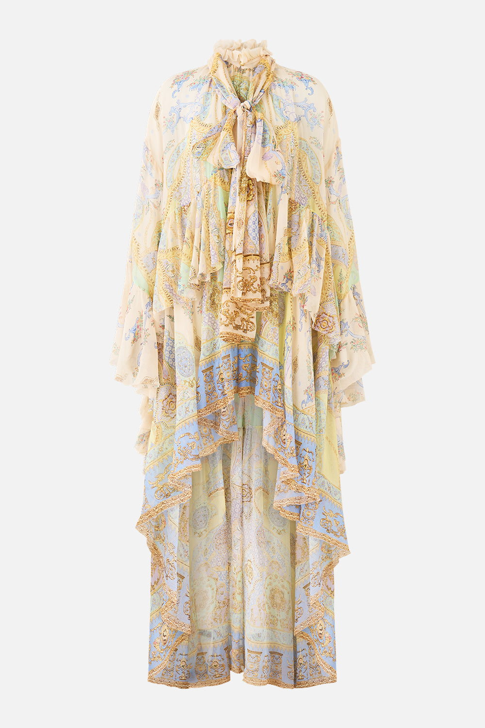 The CAMILLA RUFFLE HIGH LOW DRESS WITH LONG SLEEVE EAST OF ISTANBUL in our  print.