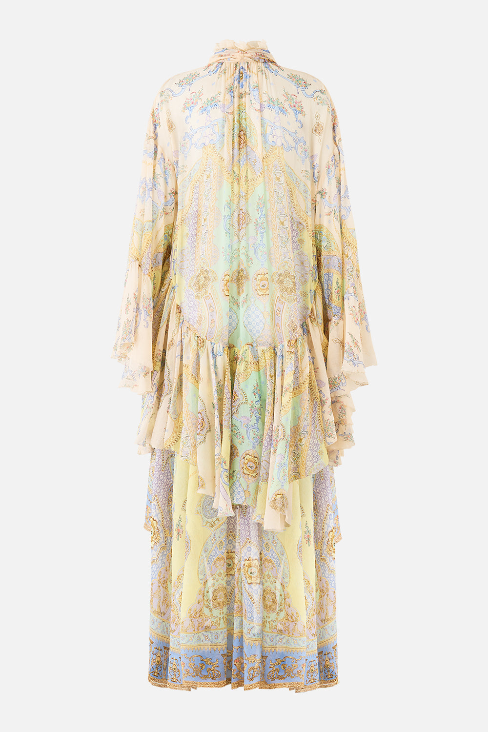 The CAMILLA RUFFLE HIGH LOW DRESS WITH LONG SLEEVE EAST OF ISTANBUL in our  print.