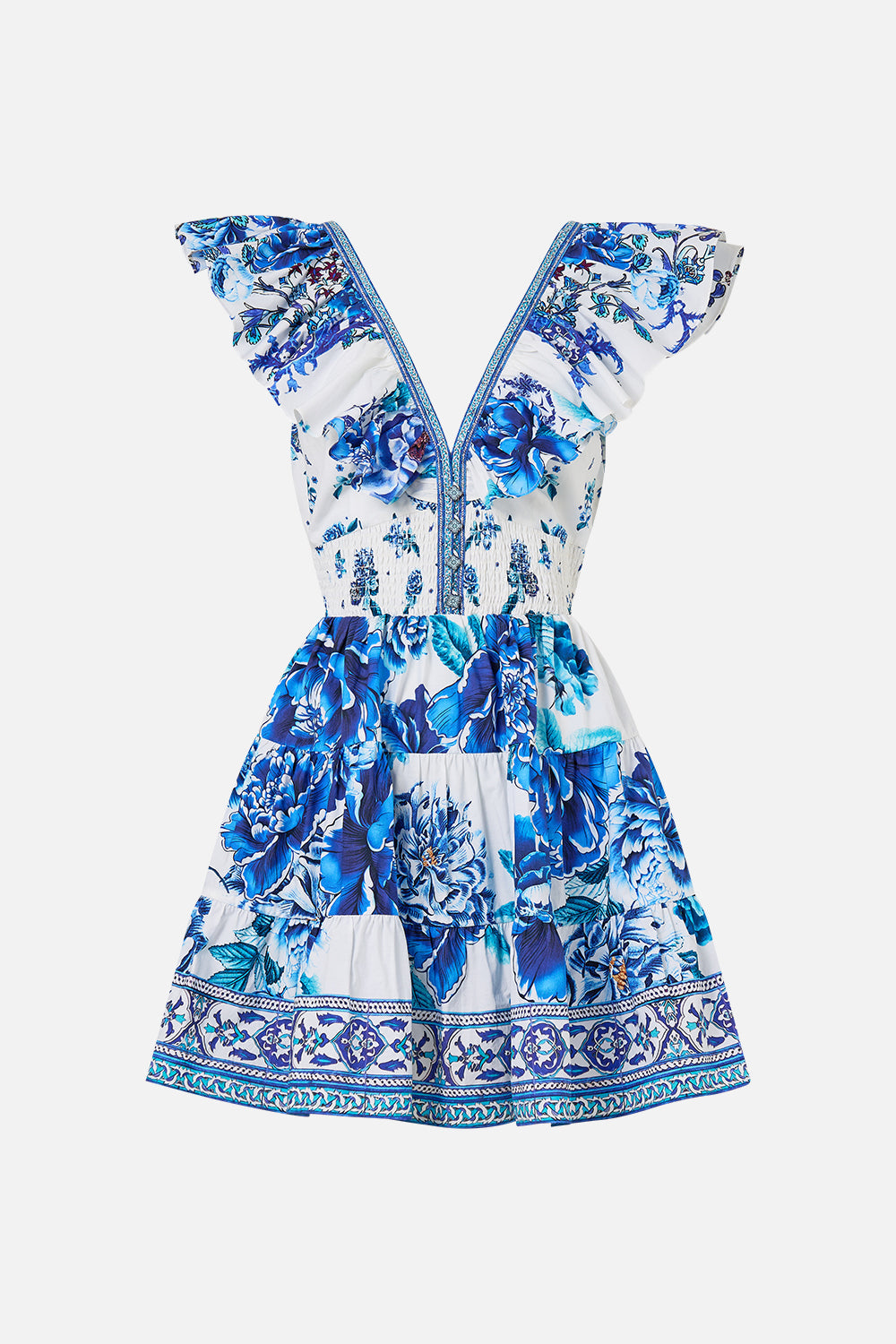 TIERED SHORT DRESS WITH NECK FRILL A CERAMIC GARDEN