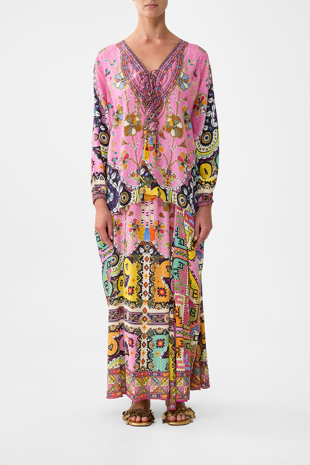 The CAMILLA LACE UP BLOUSE PATCHWORK PANORAMA in our PATCHWORK PANORAMA print.