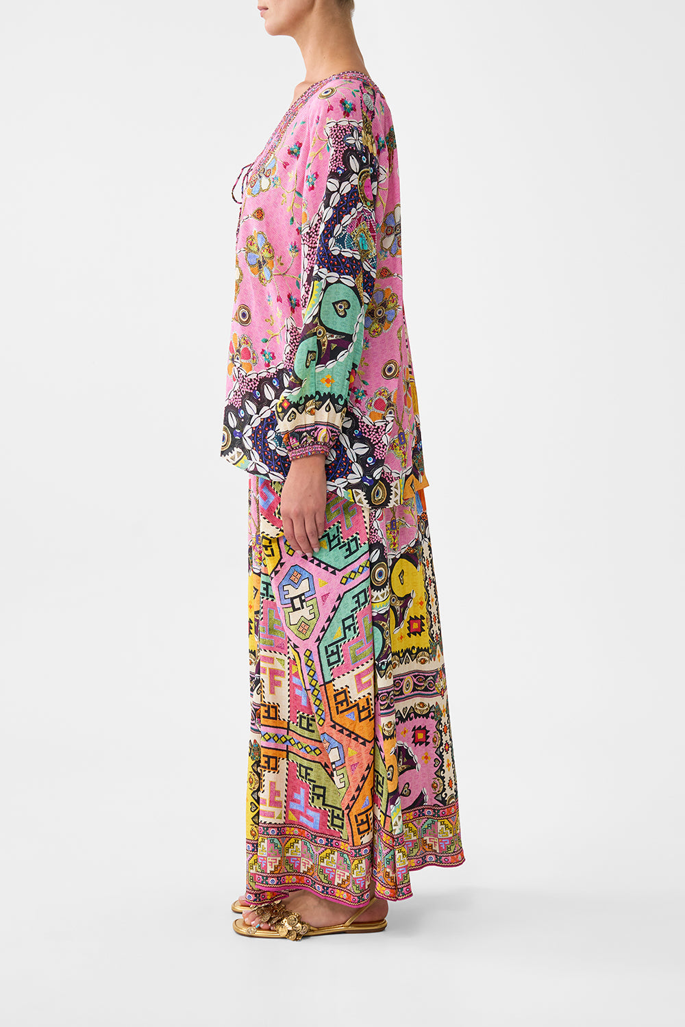 The CAMILLA LACE UP BLOUSE PATCHWORK PANORAMA in our  print.
