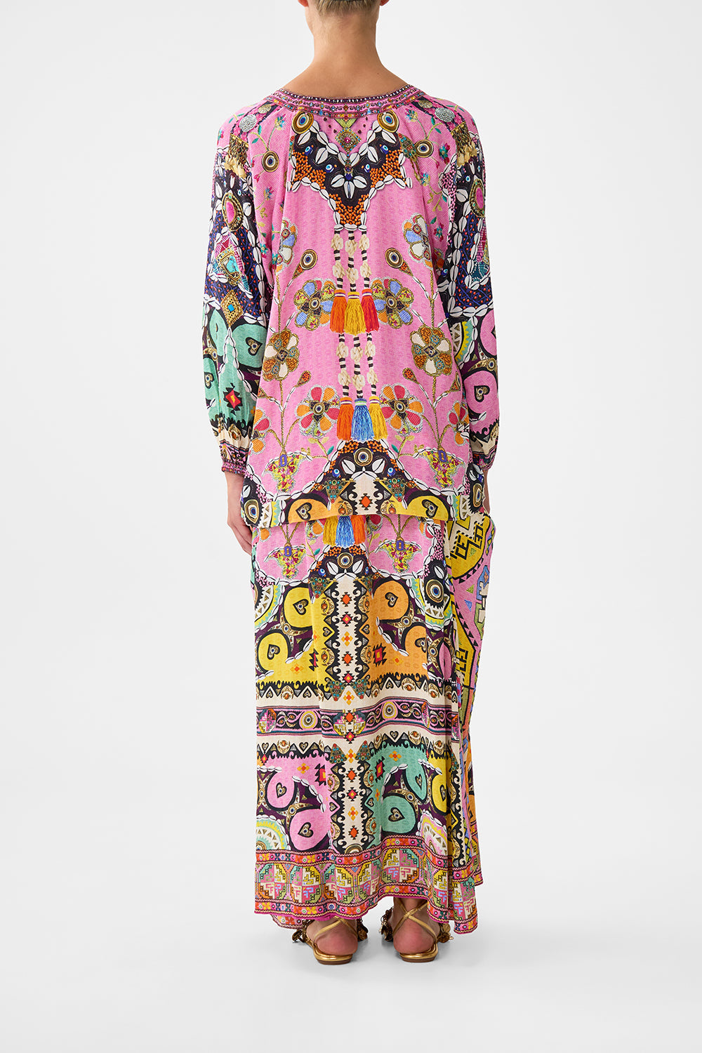 The CAMILLA LACE UP BLOUSE PATCHWORK PANORAMA in our  print.