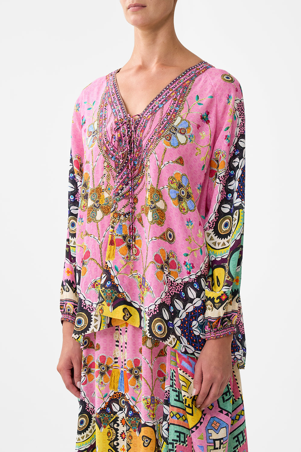 The CAMILLA LACE UP BLOUSE PATCHWORK PANORAMA in our  print.