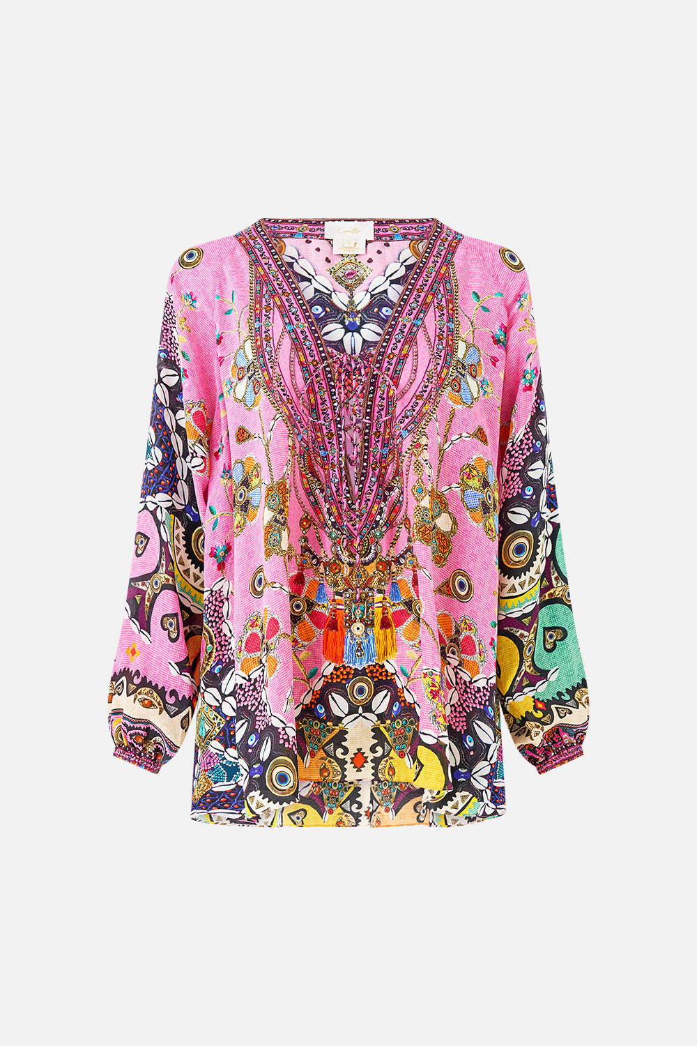 The CAMILLA LACE UP BLOUSE PATCHWORK PANORAMA in our  print.
