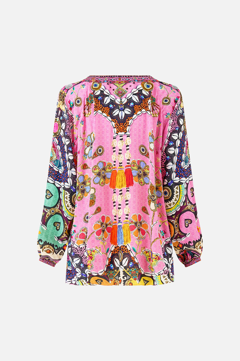 The CAMILLA LACE UP BLOUSE PATCHWORK PANORAMA in our  print.