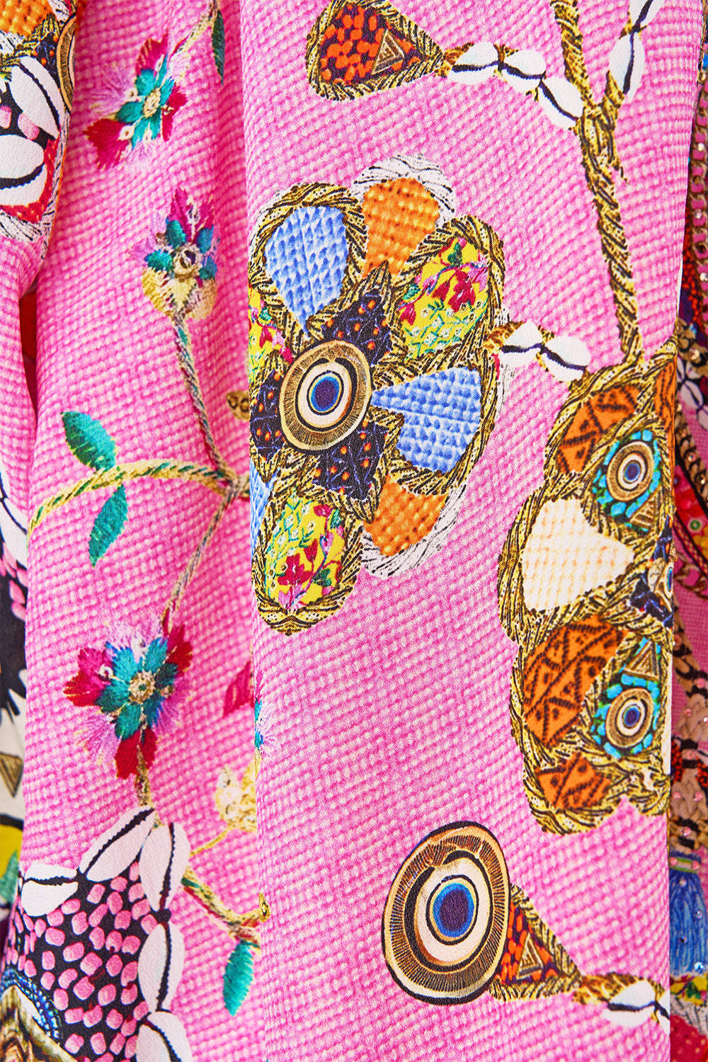 The CAMILLA LACE UP BLOUSE PATCHWORK PANORAMA in our  print.