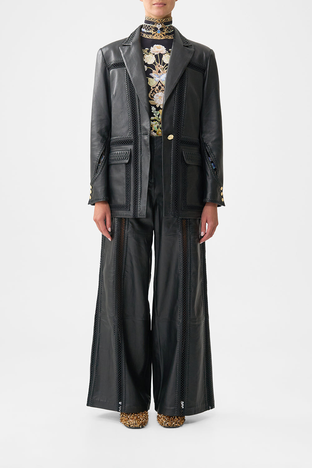 The CAMILLA LEATHER WIDE LEG PANT OTTOMAN ELEGANCE in our OTTOMAN ELEGANCE print.