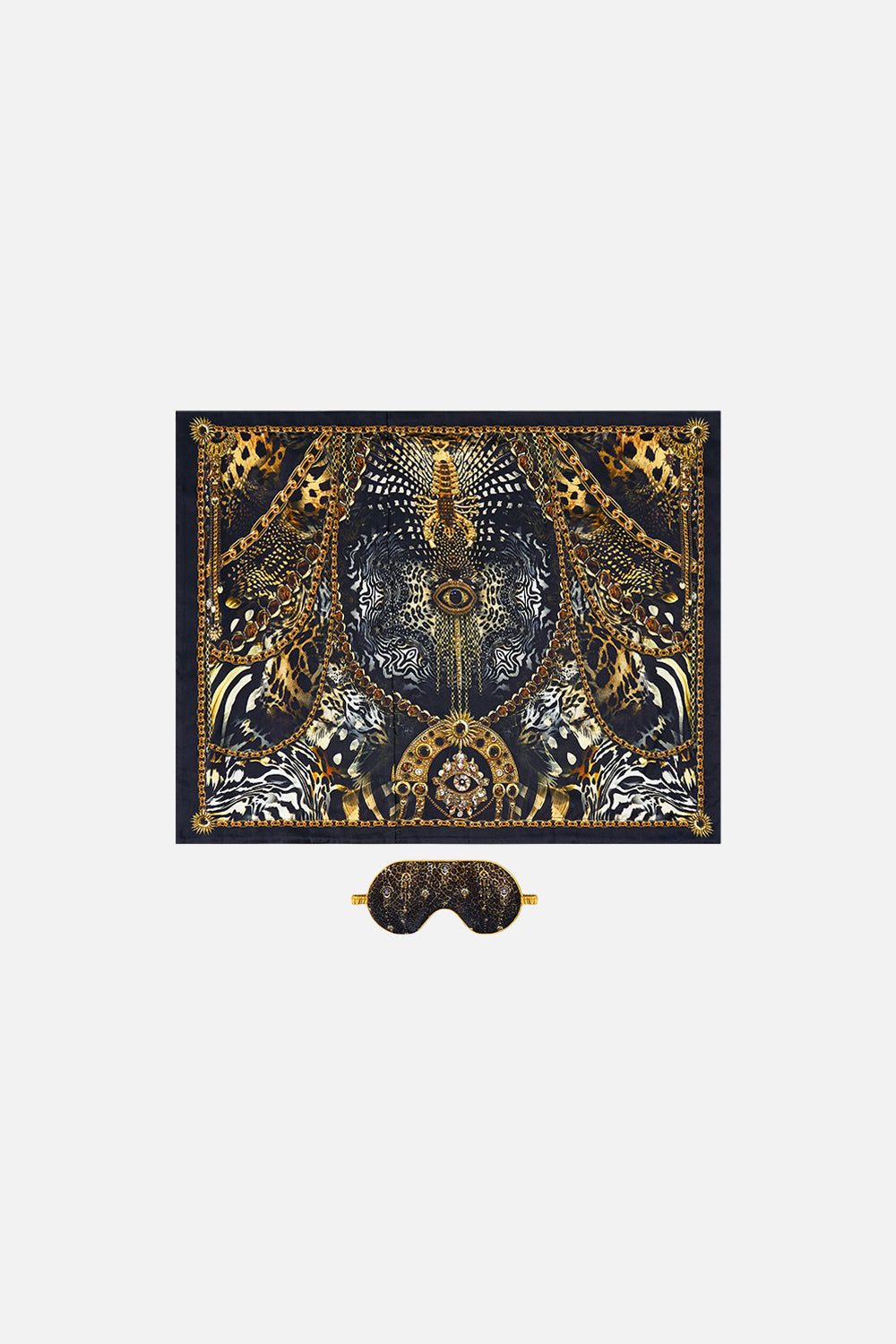 The CAMILLA SILK PILLOWCASE AND EYE MASK SET FELINE FOLKLORE in our  print.