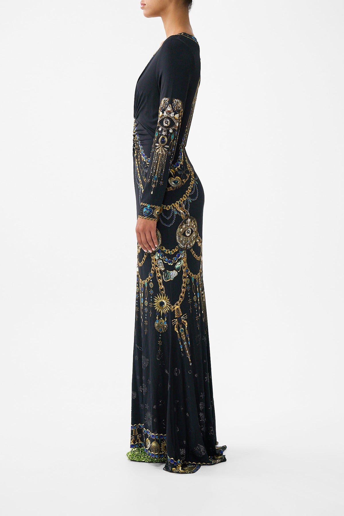 The CAMILLA long sleeve gathered dress with train from our print amulets and alchemy