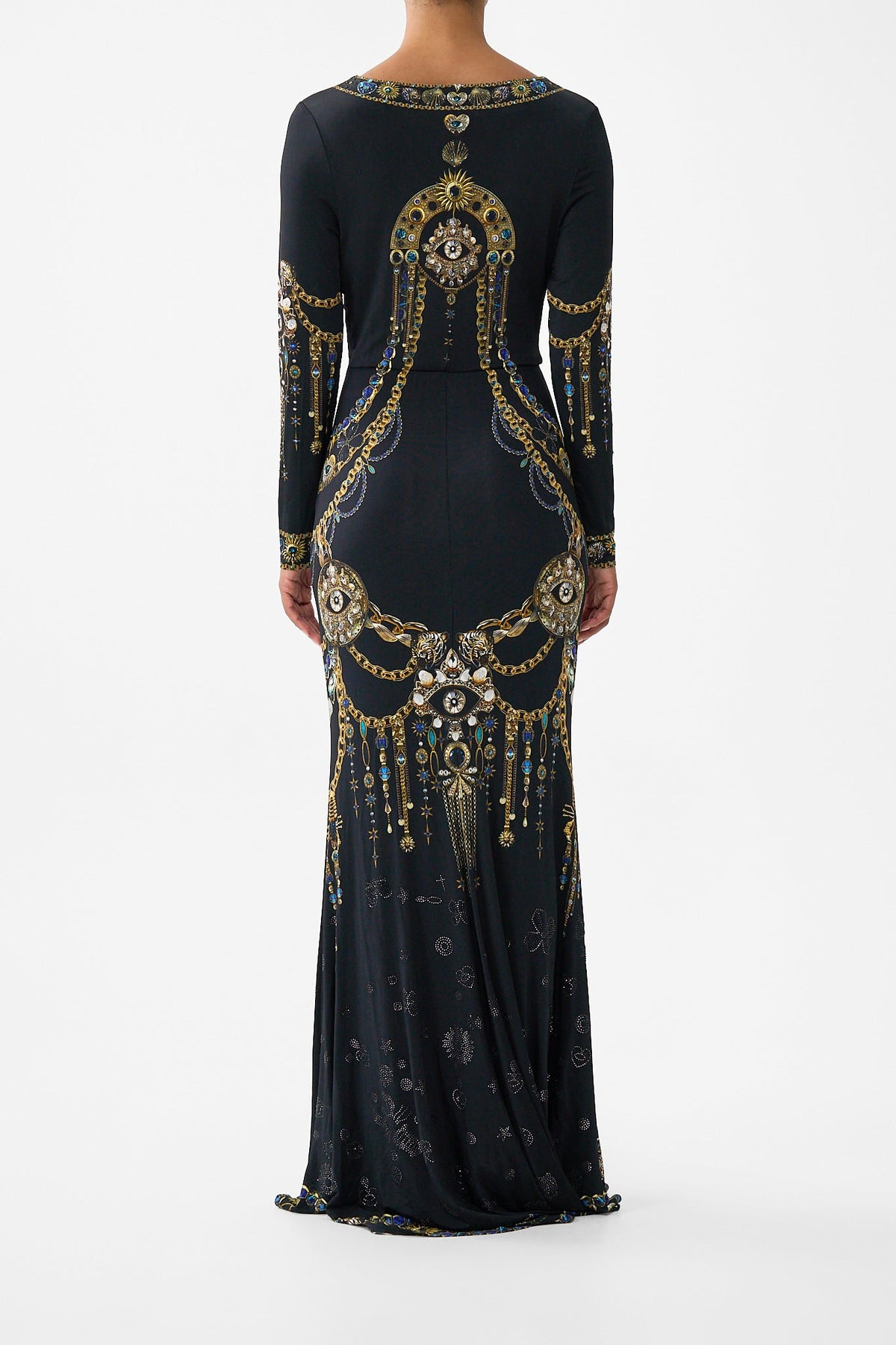 The CAMILLA long sleeve gathered dress with train from our print amulets and alchemy