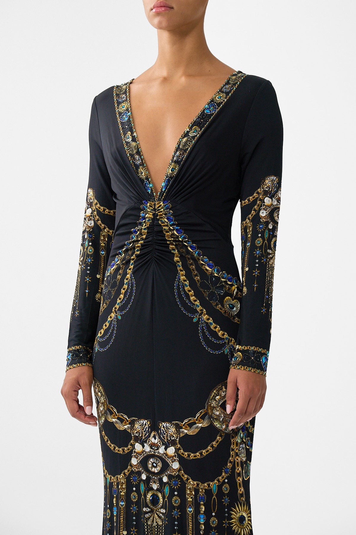 The CAMILLA long sleeve gathered dress with train from our print amulets and alchemy