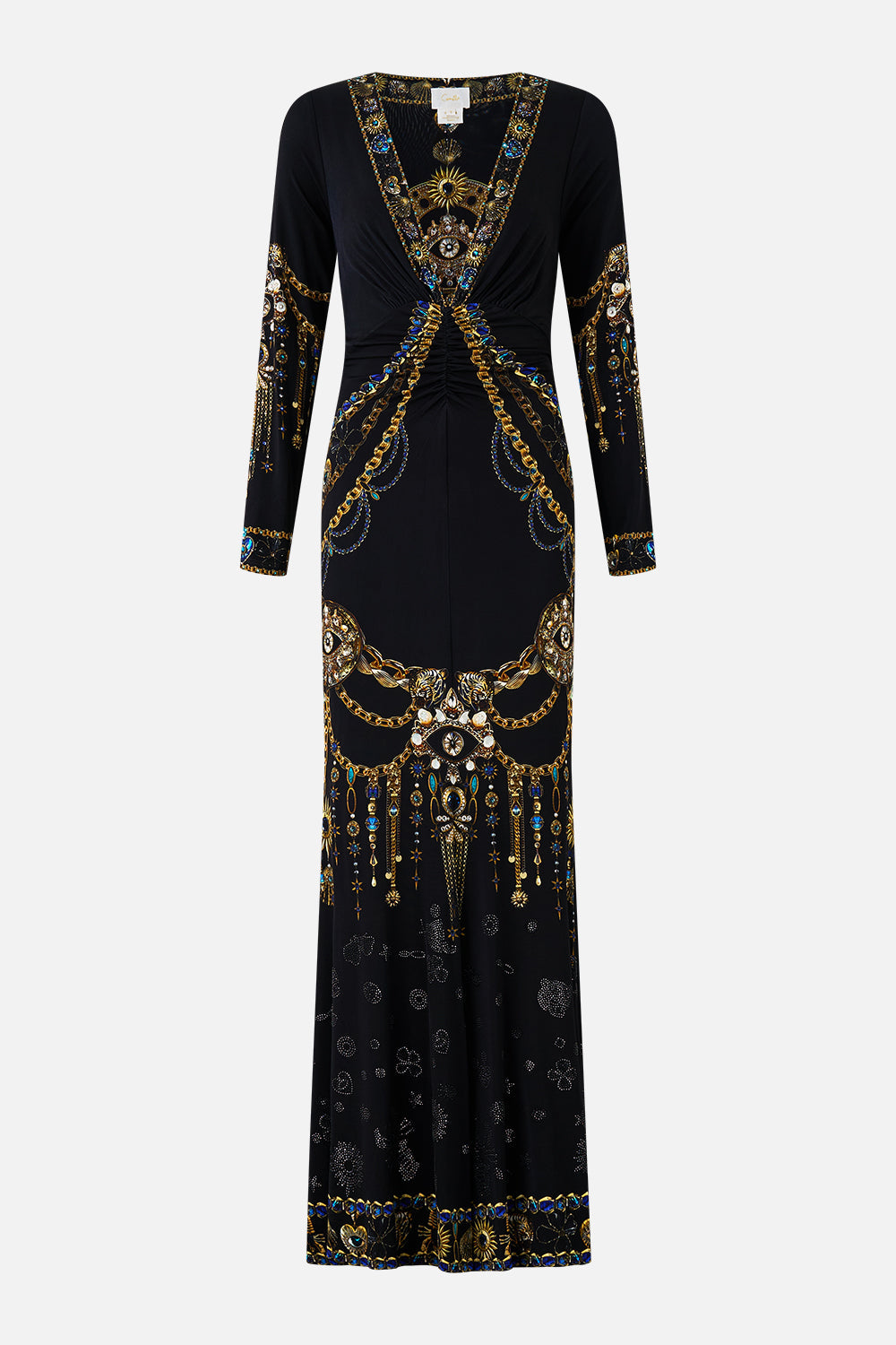 The CAMILLA long sleeve gathered dress with train from our print amulets and alchemy, front product view