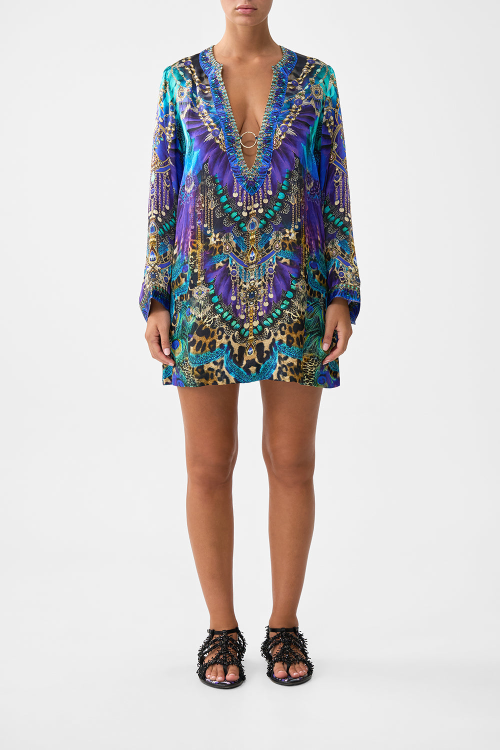 The CAMILLA DEEP V NECK HARDWARE SHORT KAFTAN COSMIC ZOOLOGY in our COSMIC ZOOLOGY print.