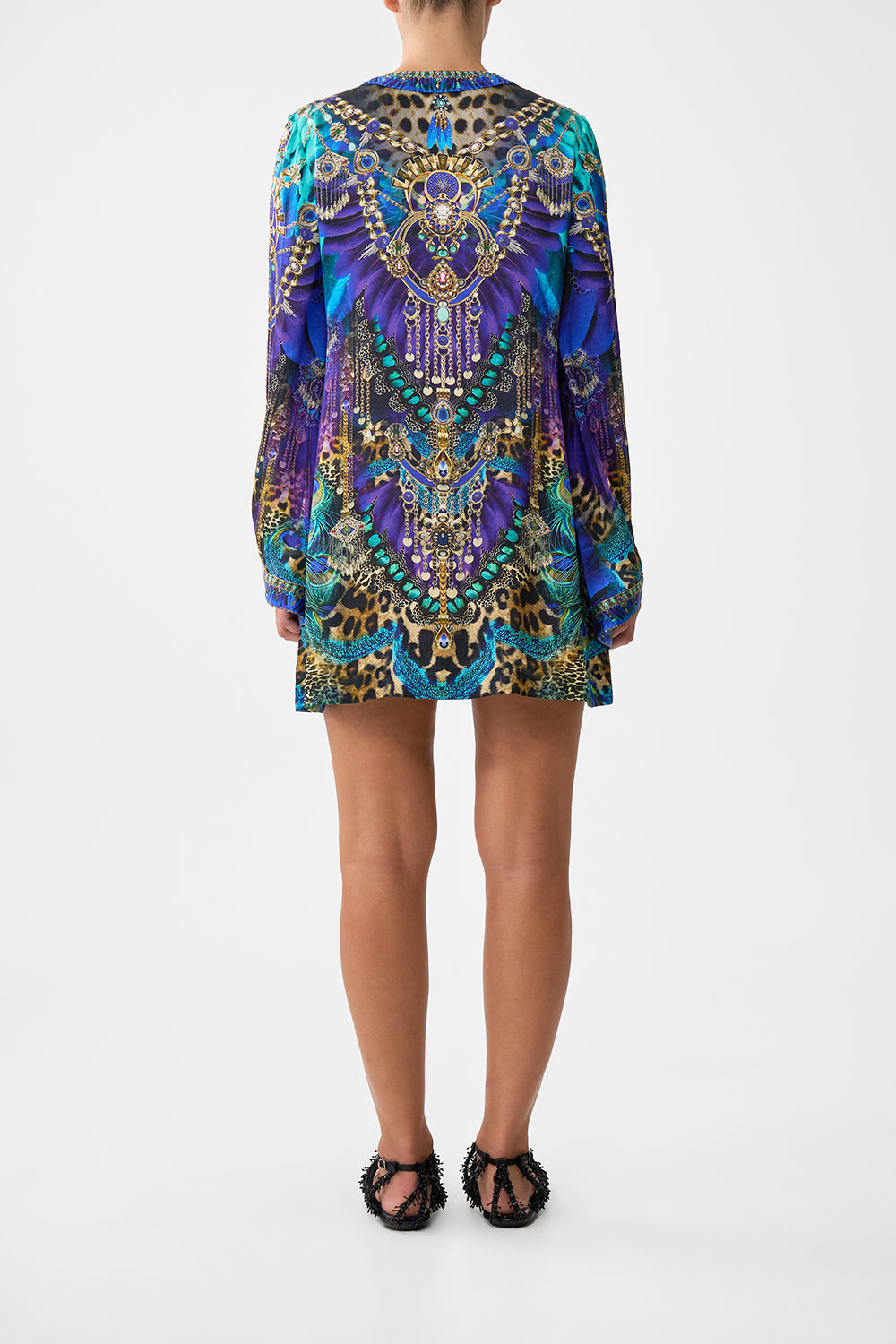 The CAMILLA DEEP V NECK HARDWARE SHORT KAFTAN COSMIC ZOOLOGY in our  print.
