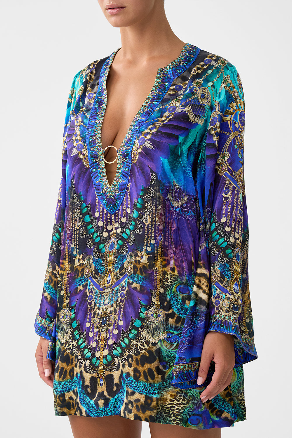 The CAMILLA DEEP V NECK HARDWARE SHORT KAFTAN COSMIC ZOOLOGY in our  print.