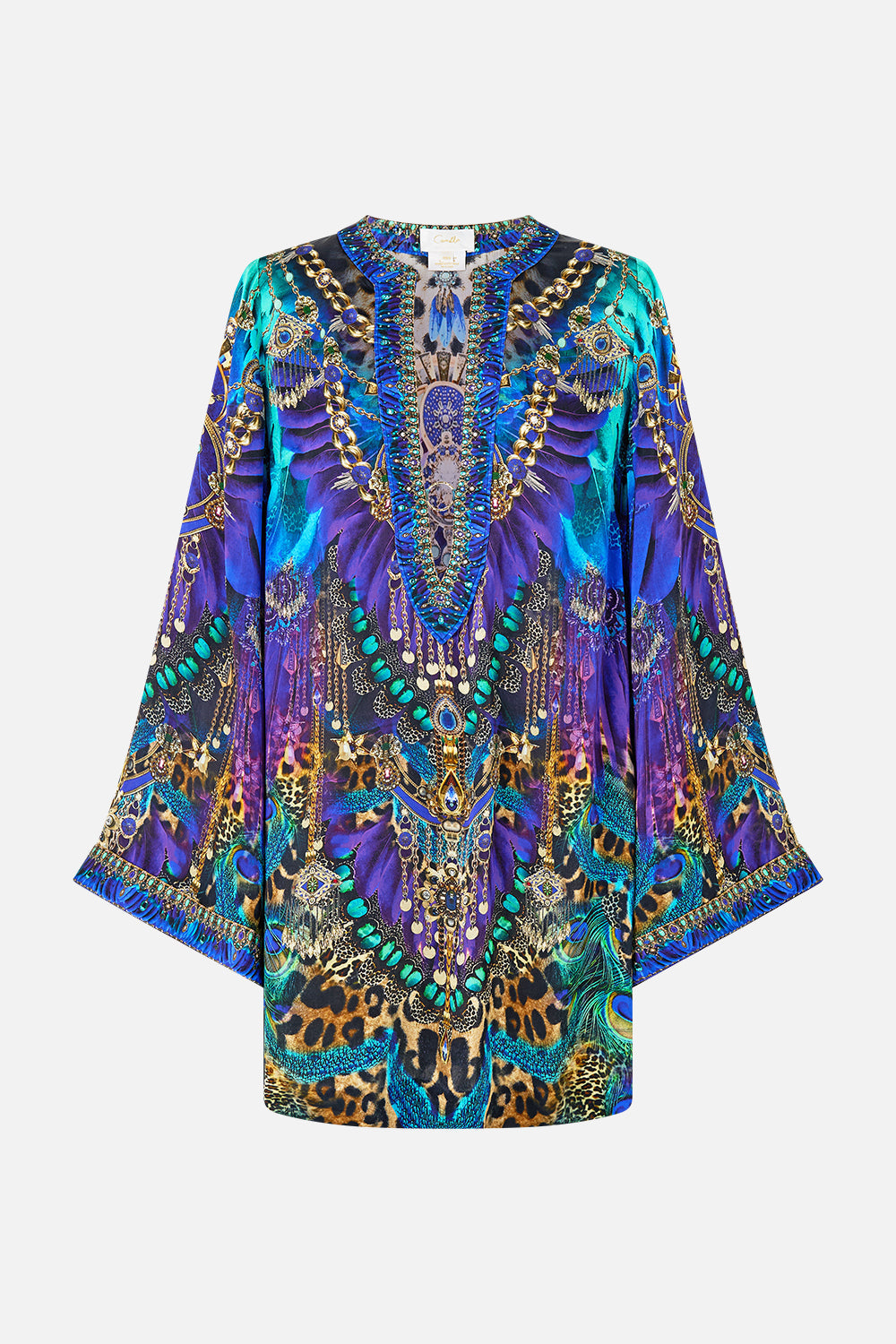 The CAMILLA DEEP V NECK HARDWARE SHORT KAFTAN COSMIC ZOOLOGY in our  print.