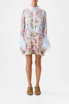 MINI SHIRT DRESS WITH FEATHERS TILED IN TIME