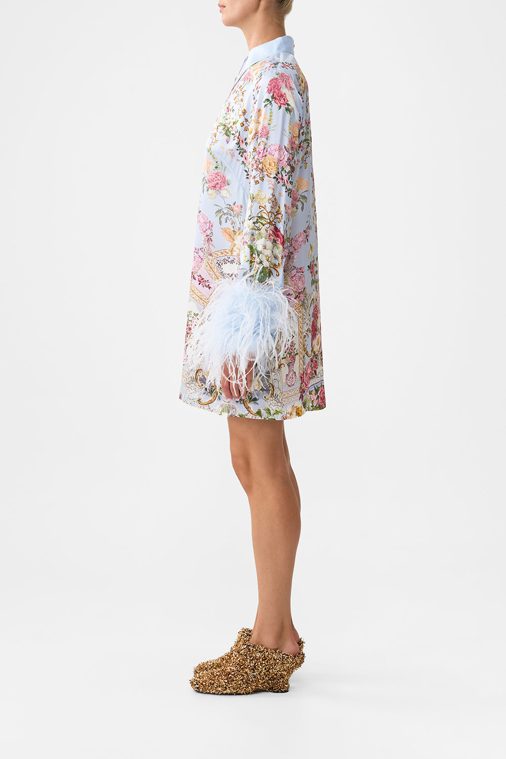 The CAMILLA MINI SHIRT DRESS WITH FEATHERS TILED IN TIME in our  print.