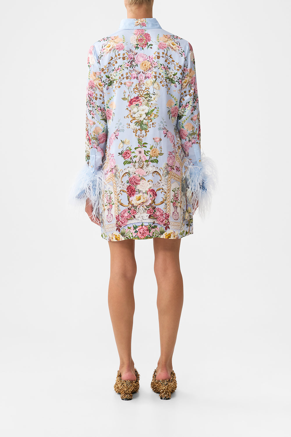 The CAMILLA MINI SHIRT DRESS WITH FEATHERS TILED IN TIME in our  print.