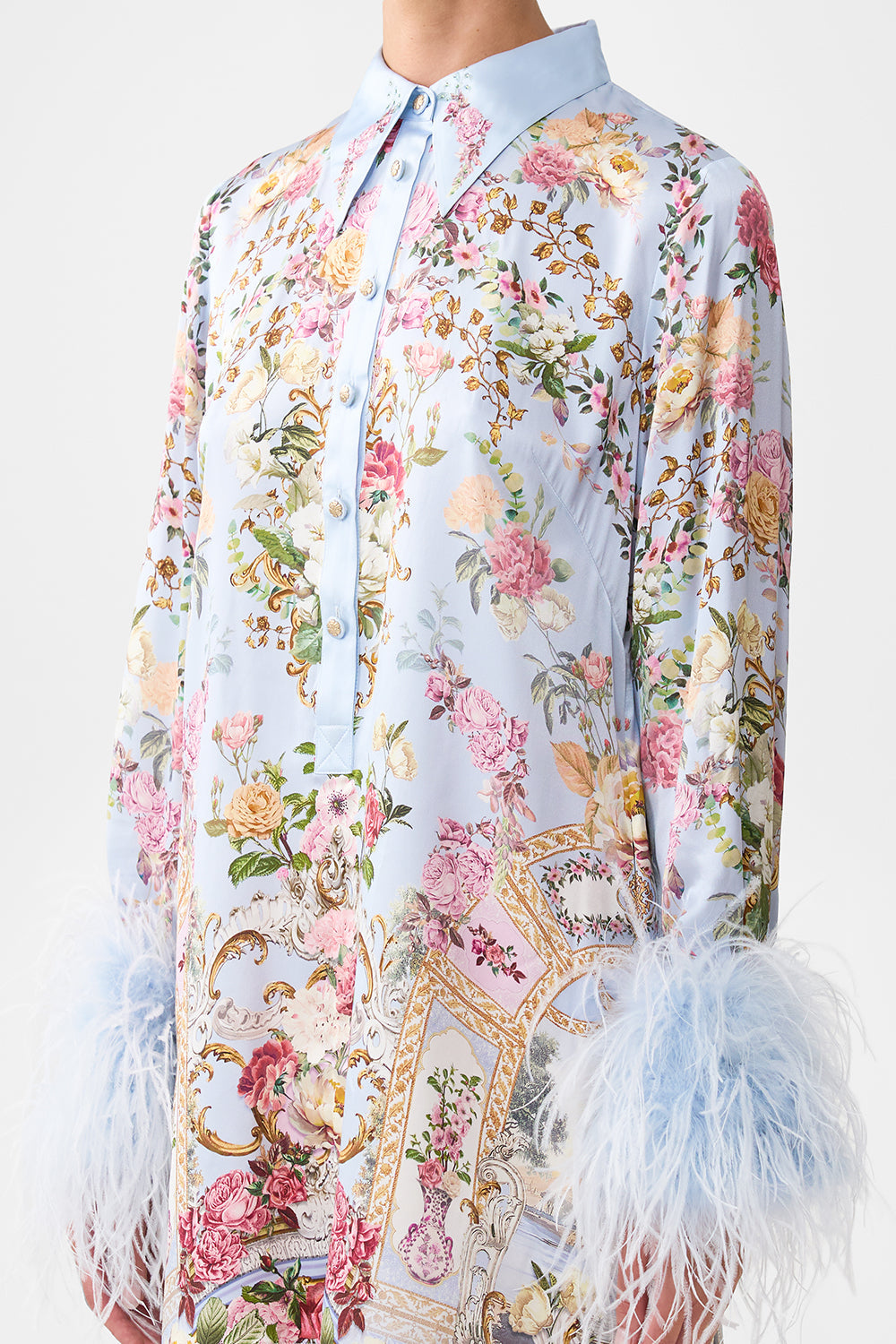 The CAMILLA MINI SHIRT DRESS WITH FEATHERS TILED IN TIME in our  print.