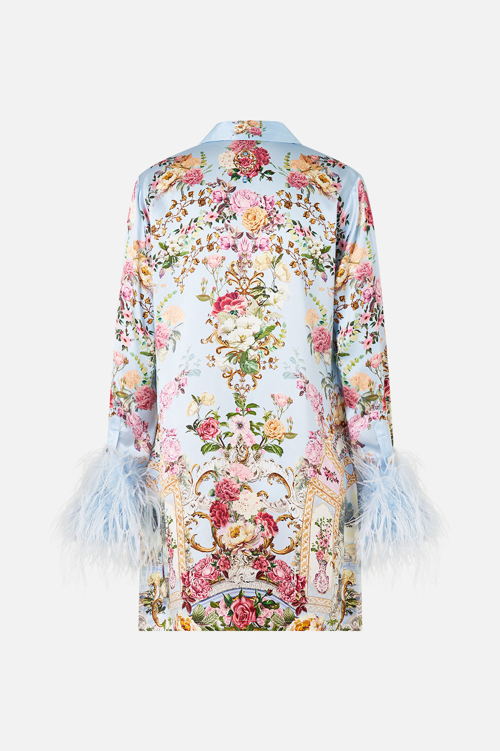 The CAMILLA MINI SHIRT DRESS WITH FEATHERS TILED IN TIME in our  print.