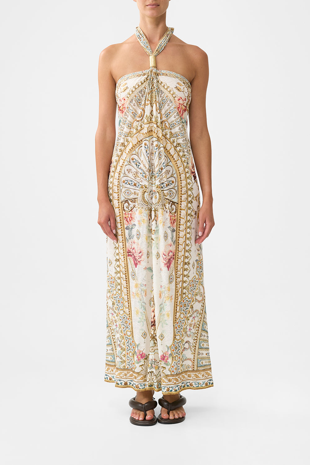The CAMILLA LONG DRAPED LINEN JERSEY HALTER DRESS OTTOMAN DYNASTY in our OTTOMAN DYNASTY print.