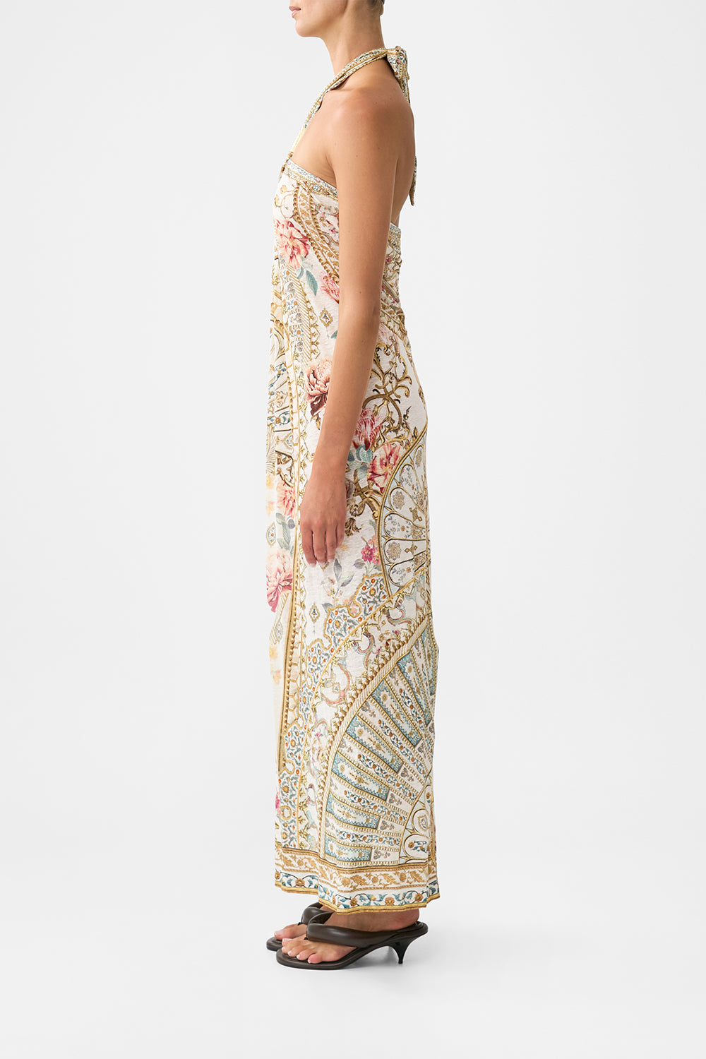 The CAMILLA LONG DRAPED LINEN JERSEY HALTER DRESS OTTOMAN DYNASTY in our  print.
