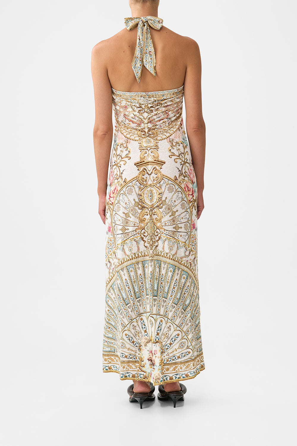 The CAMILLA LONG DRAPED LINEN JERSEY HALTER DRESS OTTOMAN DYNASTY in our  print.